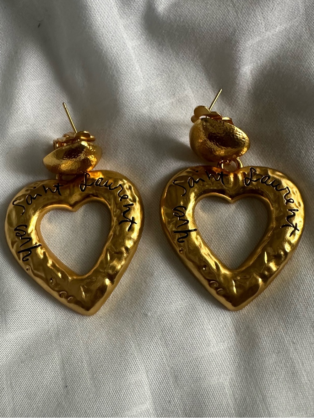 Yves Saint Laurent Gold Heart Openwork Drop Earrings with Script